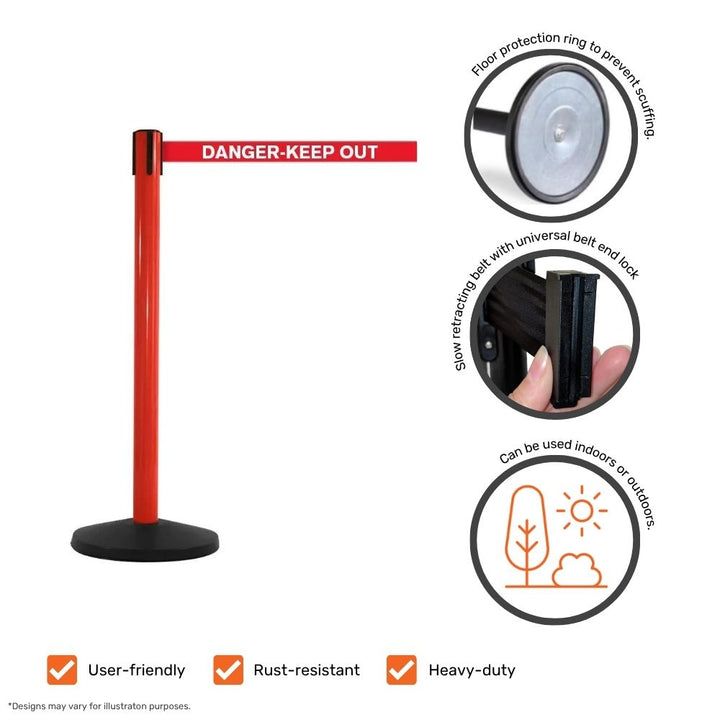 Red retractable barrier with “Danger – Keep Out” webbing, showcasing product features such as floor protection, universal belt end lock, and indoor-outdoor use.
