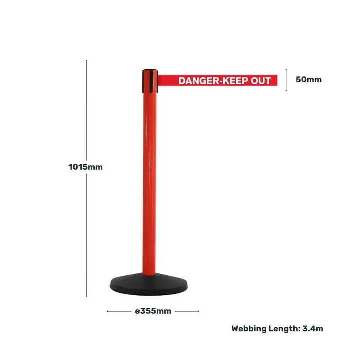 Red retractable barrier post with “Danger – Keep Out” webbing, displaying dimensions including height, belt width, base diameter, and webbing length.