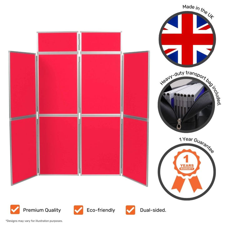 Red eight-panel display board displayed alongside icons for UK manufacturing, heavy-duty carry bag, one-year guarantee, premium quality, eco-friendliness, and dual-sided use.

