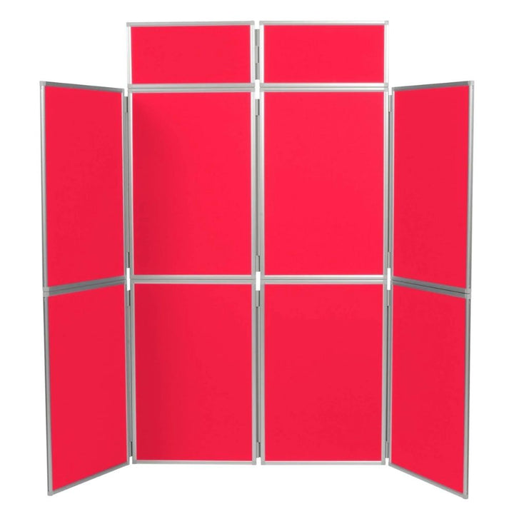 Freestanding red eight-panel display board with silver frame and two header panels, isolated on a white background.

