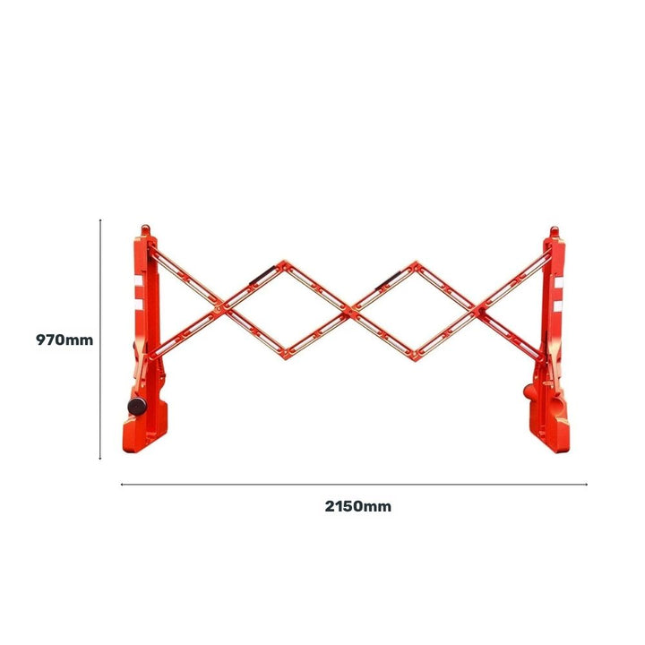 Measurement diagram of a red expandable barrier showing 970mm height and 2150mm length.