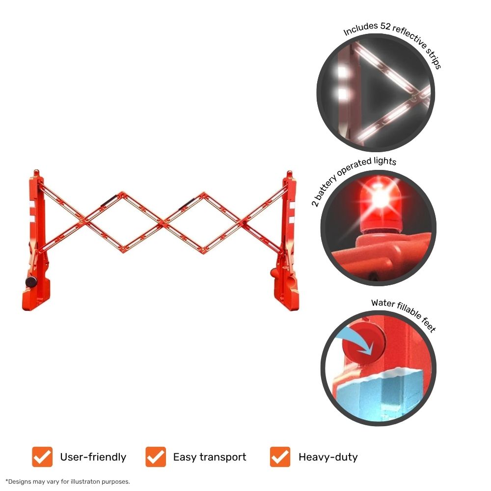  Red expandable safety barrier featuring 52 reflective strips, two battery-operated lights, and water-fillable feet for stability.