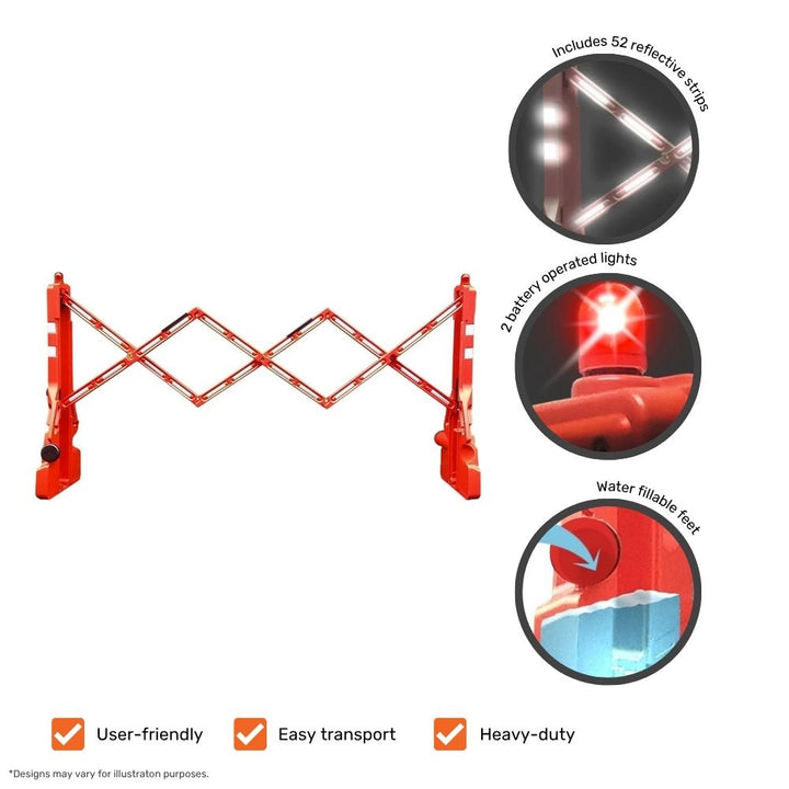  Red expandable safety barrier featuring 52 reflective strips, two battery-operated lights, and water-fillable feet for stability.