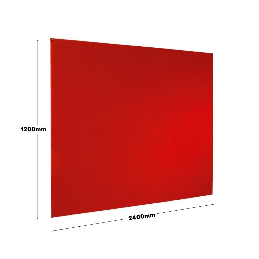 Large red fabric noticeboard measuring 1200mm by 2400mm, wall-mounted and ideal for showcasing important notices or posters in high-traffic areas such as schools, offices, or community centres.

