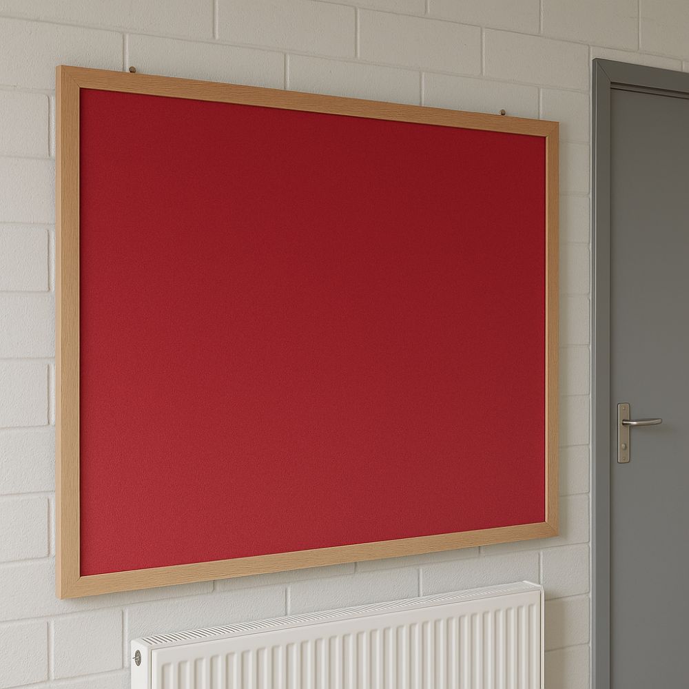 Red fabric noticeboard with wooden frame mounted above a radiator on a white brick wall, next to a grey door in a school or office hallway. Size 1200mm x 900mm.

