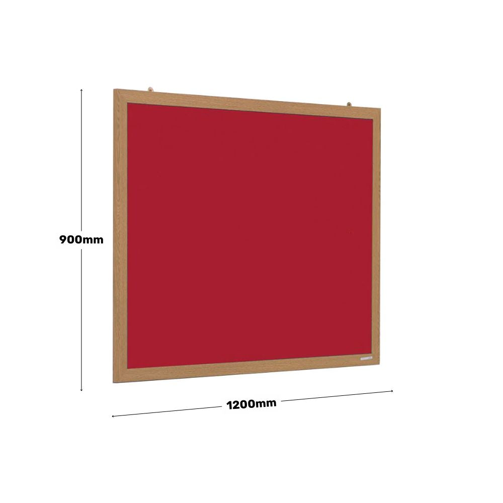 Red fabric noticeboard with a natural wooden frame, shown with dimensions 1200mm width by 900mm height, suitable for wall mounting in offices, schools, or public spaces.

