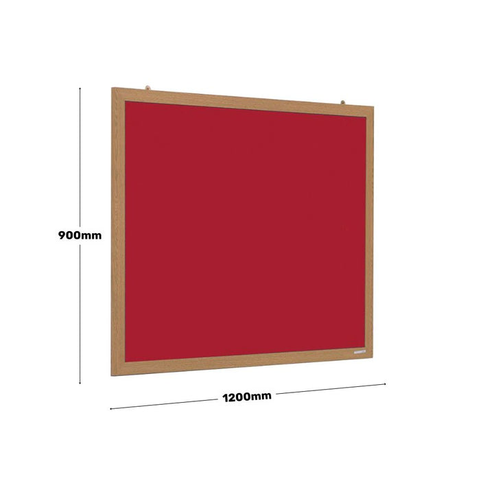 Red fabric noticeboard with a natural wooden frame, shown with dimensions 1200mm width by 900mm height, suitable for wall mounting in offices, schools, or public spaces.

