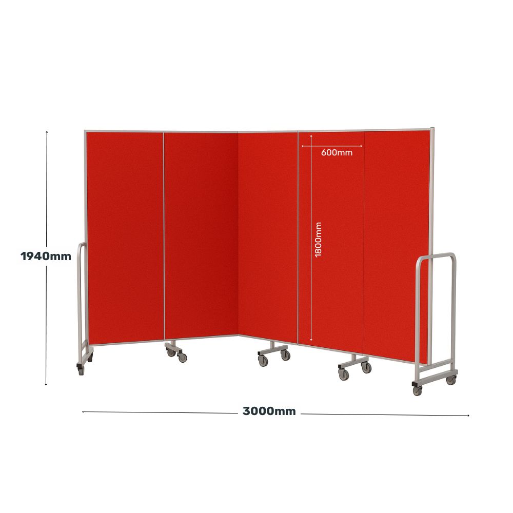 Measurement guide for a five-panel red fabric room divider with a total width of 3000mm and height of 1940mm, with individual panel height of 1800mm and width of 600mm.