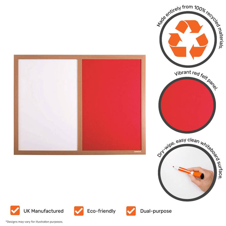 Red felt and dry-wipe combination noticeboard in a wood-effect frame, made from recycled materials, for pinning urgent notices in schools and NHS wards.
