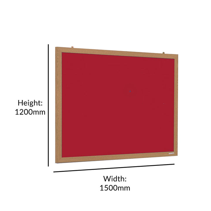 Red felt noticeboard measuring 1500mm wide by 1200mm high, weighing 4kg, with a wood-effect frame, for portrait or landscape wall mounting.
