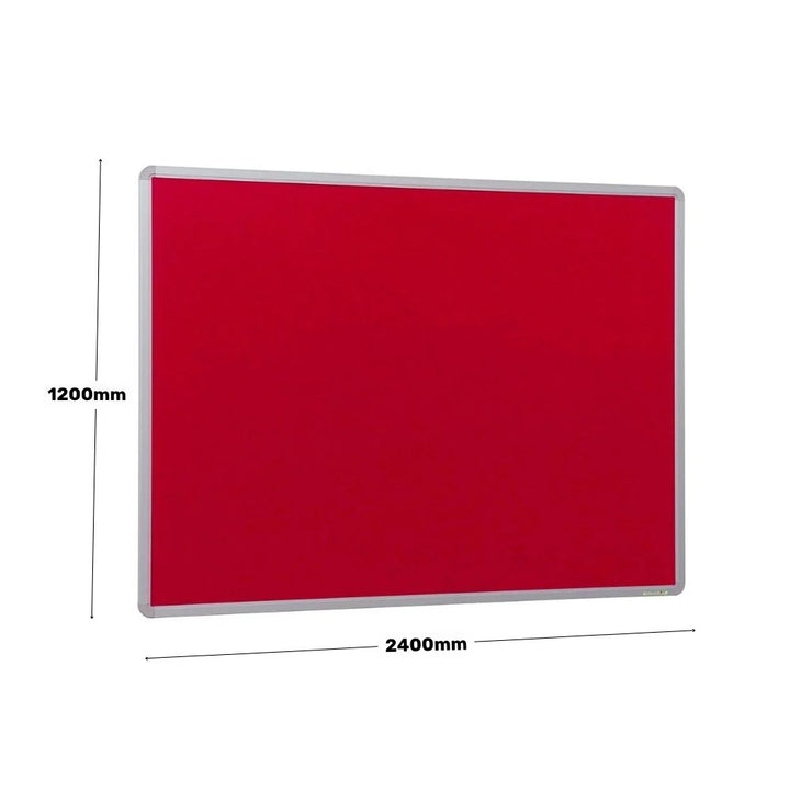 Red felt pinboard with aluminium frame measuring 2400mm x 1200mm

