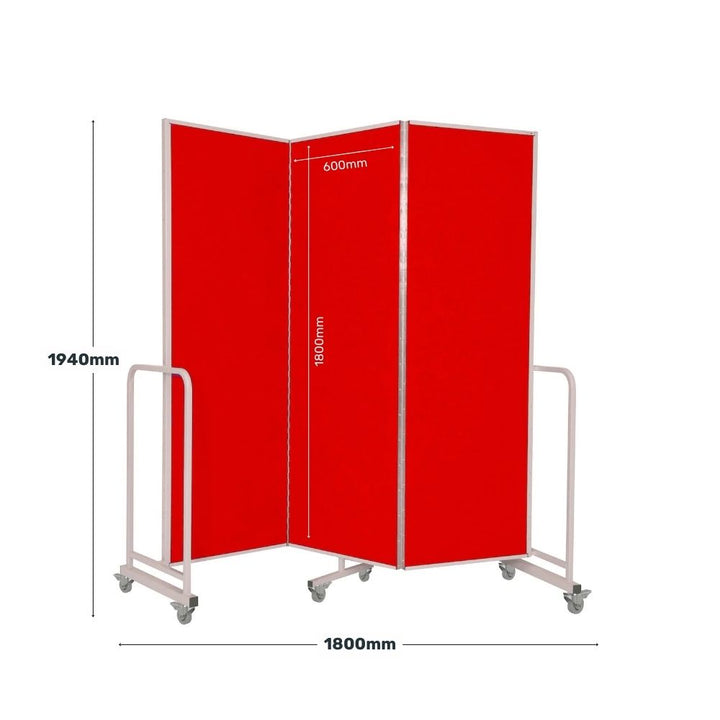 Technical image displaying the dimensions of a red felt three-panel room divider with a white frame, measuring 1940mm in height and 1800mm in width, with each panel 600mm wide and 1800mm tall.