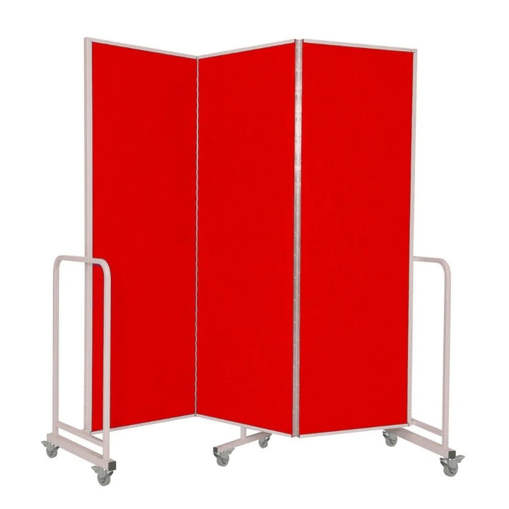 Three-panel room divider with bright red felt panels and a white metal frame, mounted on lockable castor wheels, positioned against a plain white background.