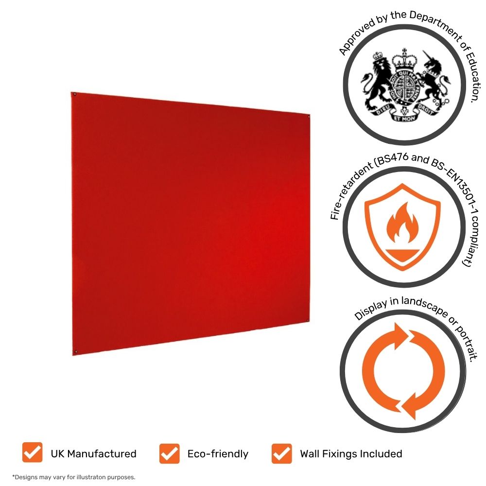 Red fire-retardant noticeboard without frame, approved by the Department for Education and BS476 and BS-EN13501-1 compliant, with icons for UK manufacture, eco-friendliness, landscape or portrait orientation, and wall fixings included.

