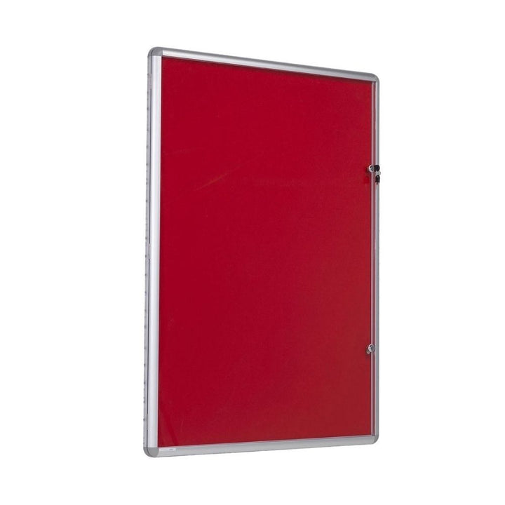 Red notice board with a lockable clear door and silver aluminium frame, photographed against a white background.