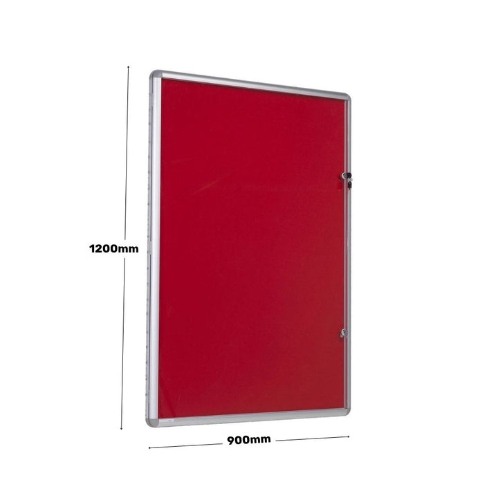 Red lockable notice board with a silver aluminium frame, shown with labelled dimensions of 1200mm height and 900mm width.
