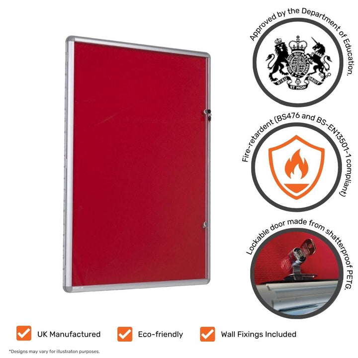 Red lockable notice board shown with Department for Education approval and fire-retardant certification icons, plus a close-up of the shatterproof PETG lockable door feature.
