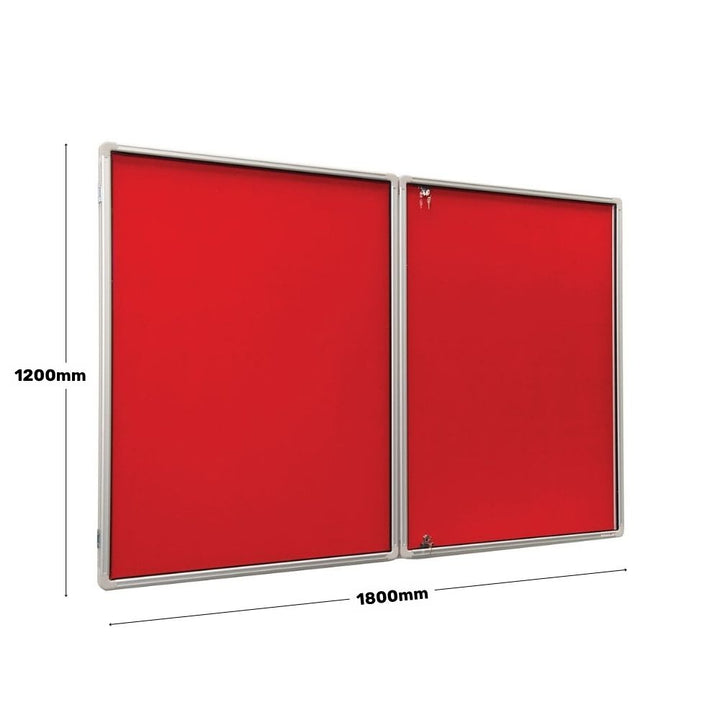 Red lockable noticeboard with aluminium frame shown with dimensions of 1200mm height by 1800mm width, suitable for secure wall display.

