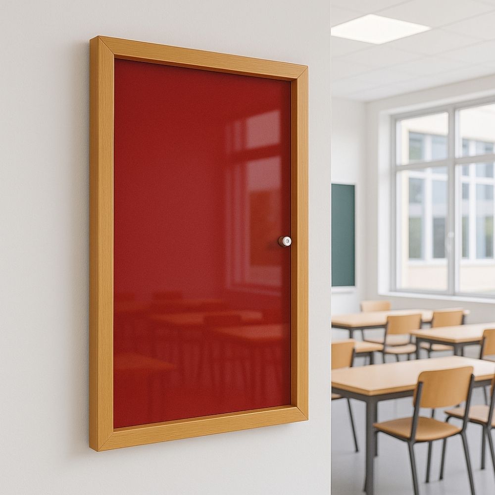 Small red lockable noticeboard with a wooden frame mounted on a white wall in a school corridor, with a view into a classroom featuring wooden desks and large windows in the background.