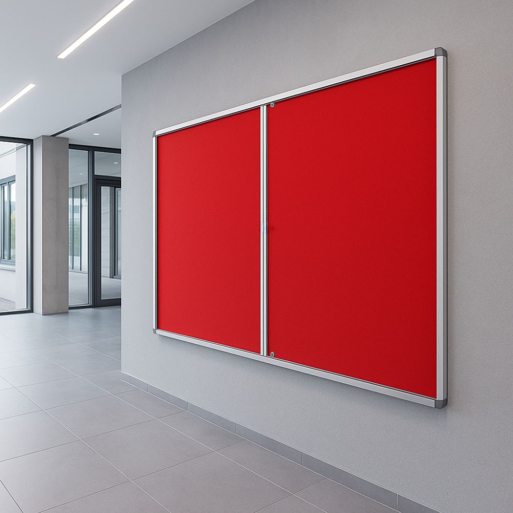 Red lockable noticeboard with aluminium frame securely fixed to a light grey wall in a modern tiled office hallway with natural light.

