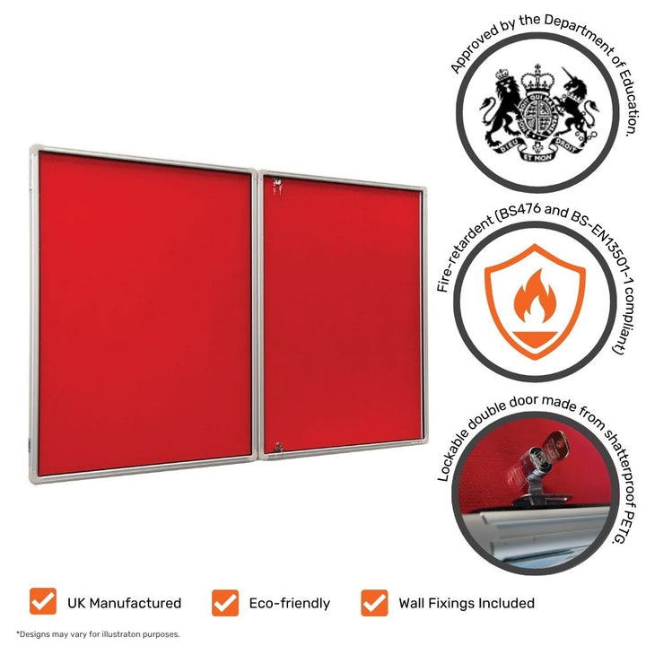 Red lockable noticeboard with silver aluminium frame, Department for Education approval, fire-retardant certification, shatterproof PETG lockable door, and eco-friendly, UK manufactured icons displayed.

