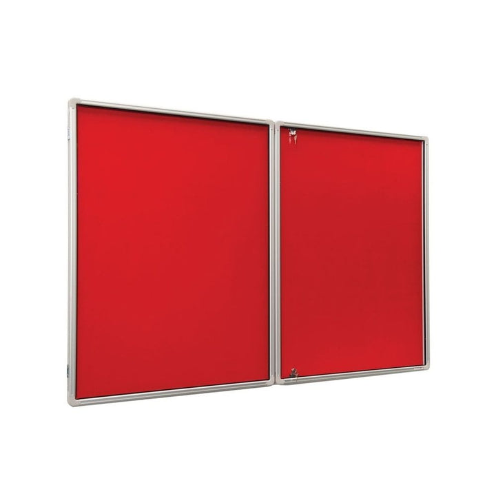 Angled view of a red noticeboard with aluminium frame and lockable door, designed for wall mounting and secure indoor display.


