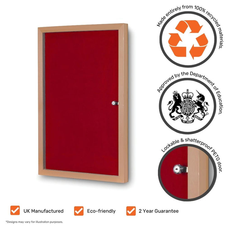 Red lockable noticeboard with a wood-effect frame and shatterproof PETG door, UK-manufactured from 100% recycled materials and approved by the Department for Education for safe indoor use.
