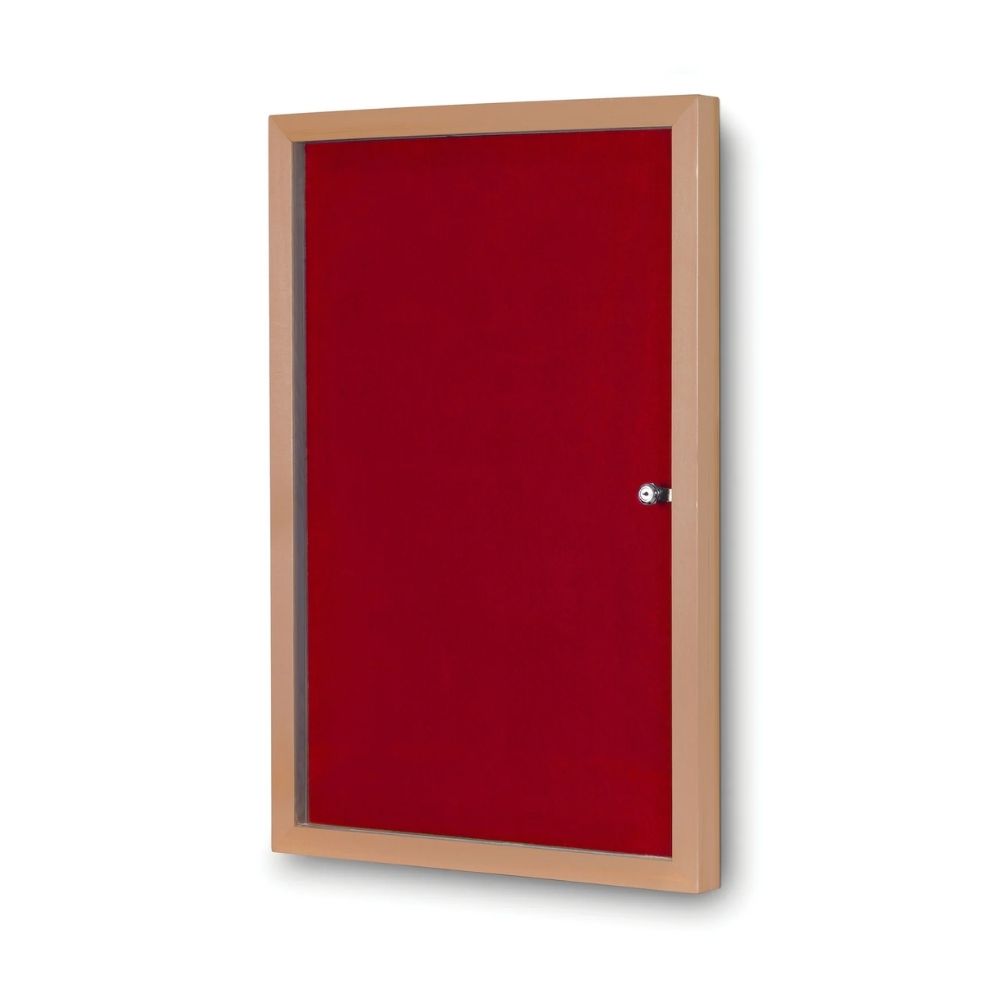 Red lockable noticeboard with a transparent cover and wood-effect frame, suitable for displaying important notices in offices, schools, or public buildings.