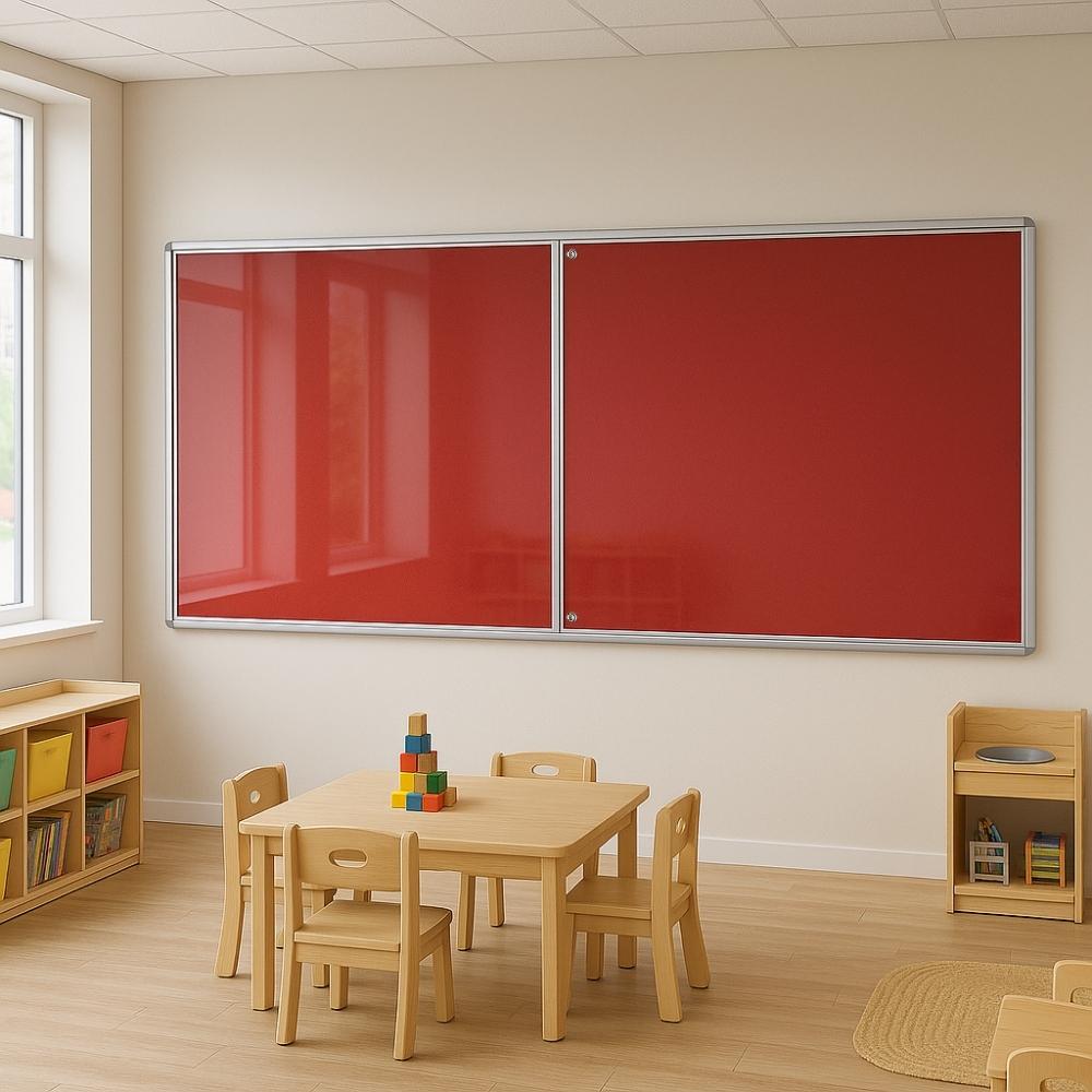 Two red lockable noticeboards with silver aluminium frames mounted on a cream wall in an early years classroom, with a wooden table, chairs, toy blocks, and storage units.