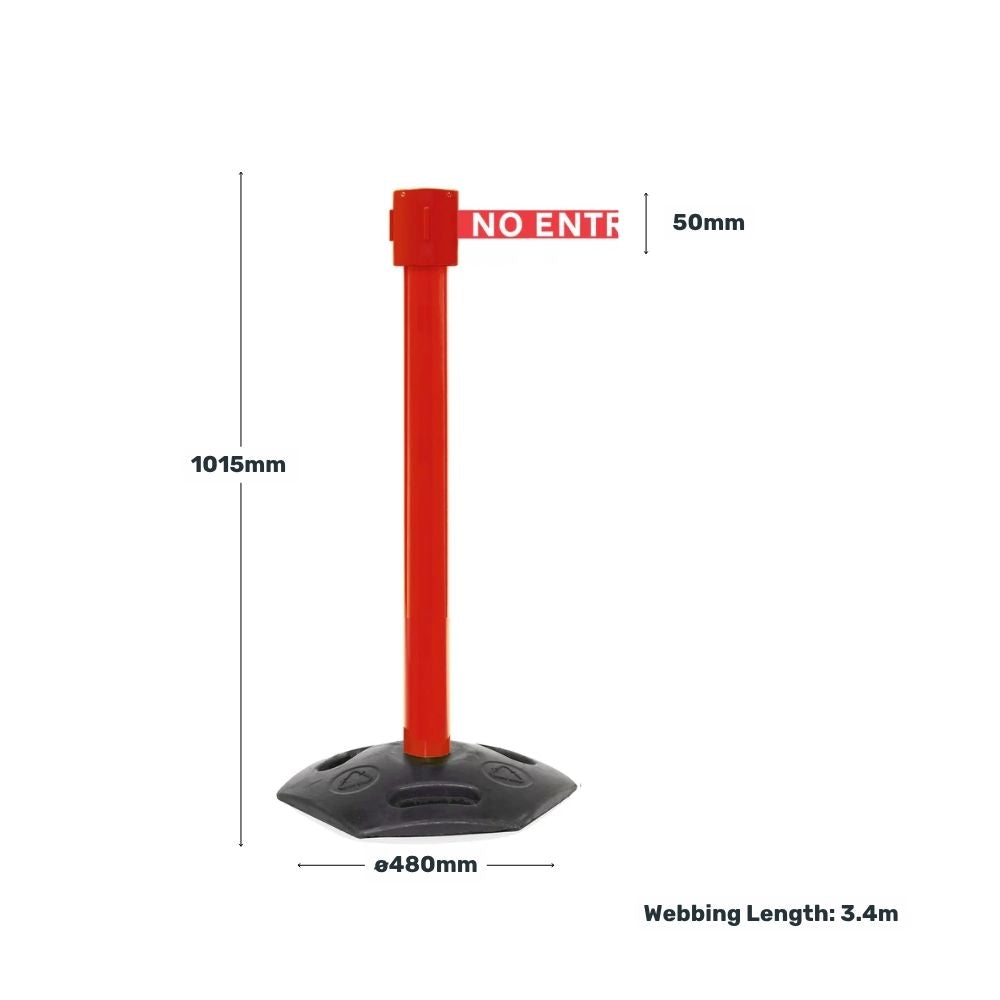 Red barrier post with "No Entry" belt showing measurements including height, base diameter, and webbing length of 3.4m.