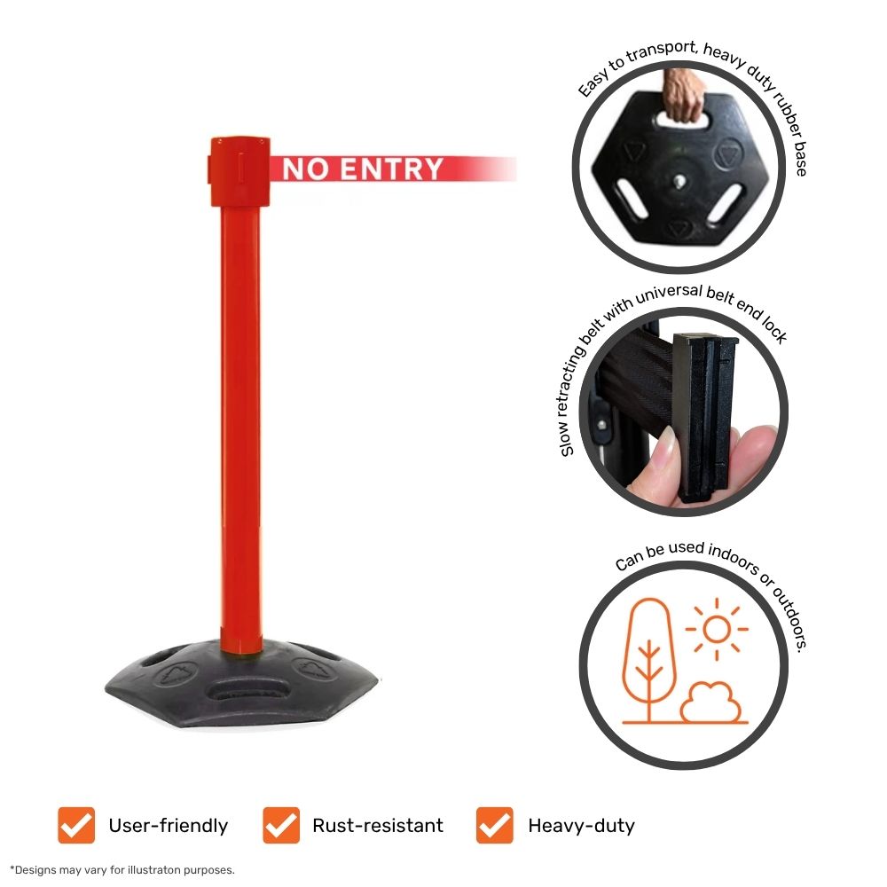 Red barrier post with "No Entry" belt highlighting features including heavy-duty rubber base and universal belt lock.