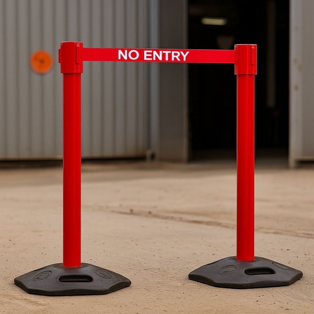 Red barrier post with "No Entry" belt placed outside an industrial building for restricted access.