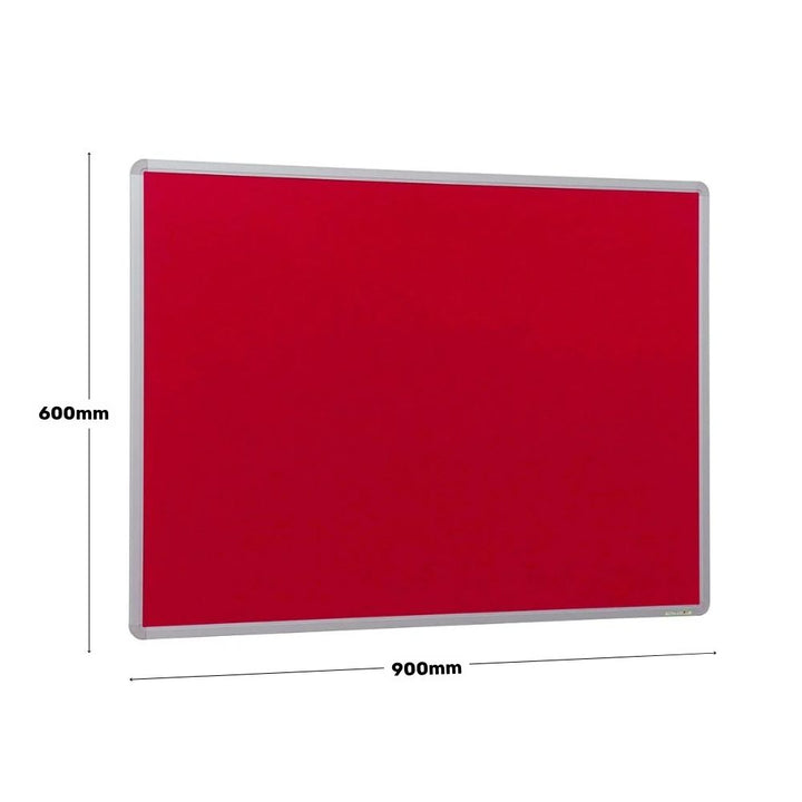 Red noticeboard measuring 600mm by 900mm, framed with silver aluminium, ideal for wall-mounted displays in educational or office spaces.