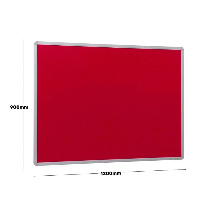 Red noticeboard measuring 900mm by 1200mm, featuring a sleek silver aluminium frame, ideal for classroom or office wall display.
