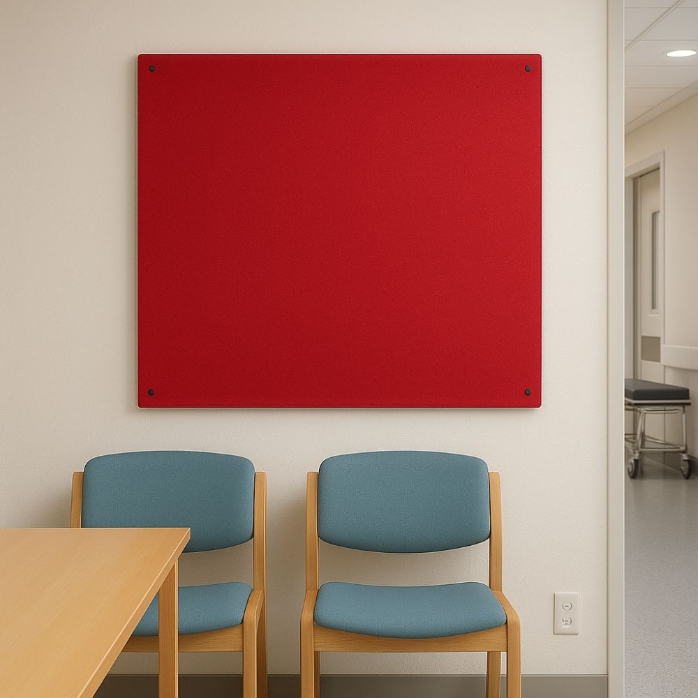 Bright red noticeboard mounted on a cream wall above two blue cushioned wooden chairs in a medical waiting area, next to a light wood table and a visible hallway.