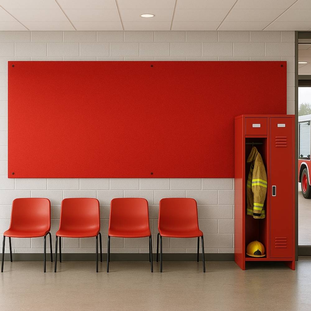 Bright red fabric noticeboard mounted on a white brick wall above a row of red chairs, next to an open red locker containing a firefighter’s jacket and yellow helmet in a fire station interior.