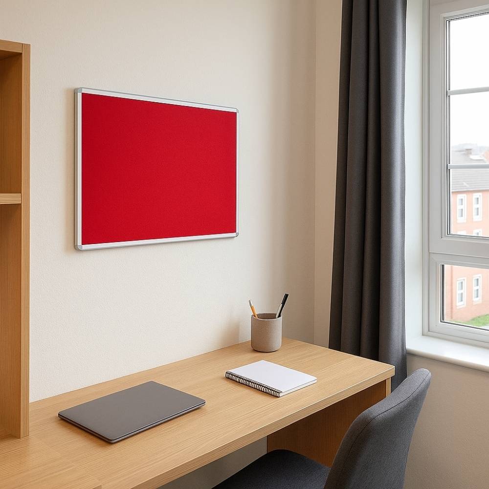 Red noticeboard with silver aluminium frame mounted above a wooden desk in a tidy student study bedroom, with a laptop, notebook, and window with grey curtains.