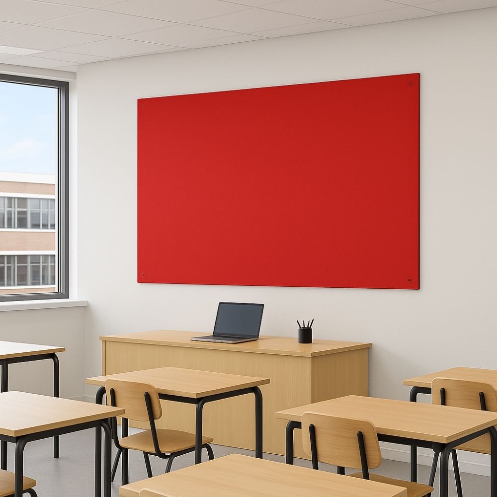 Bright red fabric noticeboard mounted on a white wall in a modern classroom with natural wood desks and chairs, a teacher’s desk with a laptop, and large windows providing daylight.