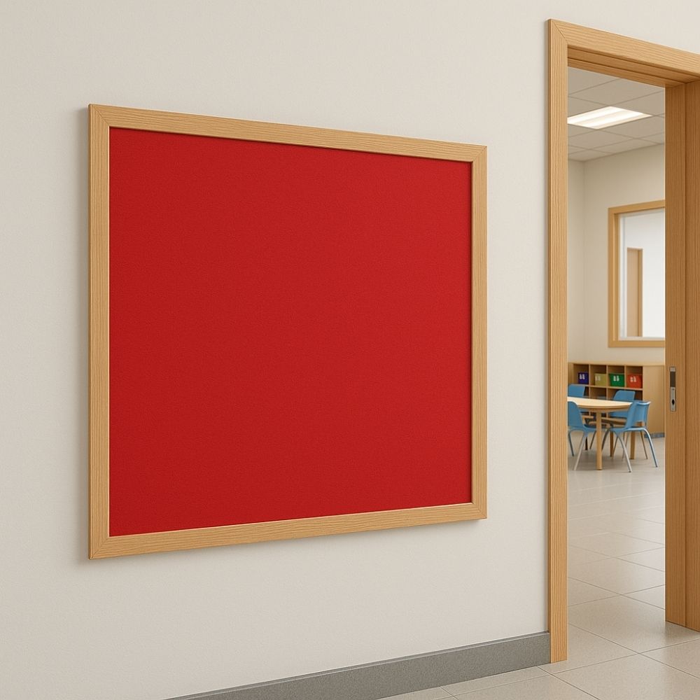 Red noticeboard with a light wooden frame mounted in a primary school hallway, adjacent to a classroom with blue chairs and wooden furniture, ideal for educational displays or student information.
