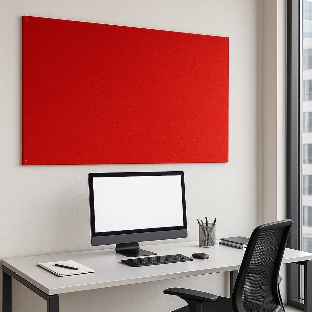 Red fabric pin board mounted on a white wall above a modern office desk, which features a computer monitor, keyboard, mouse, notepad, pen, pencil holder, and office chair near a window with city views.