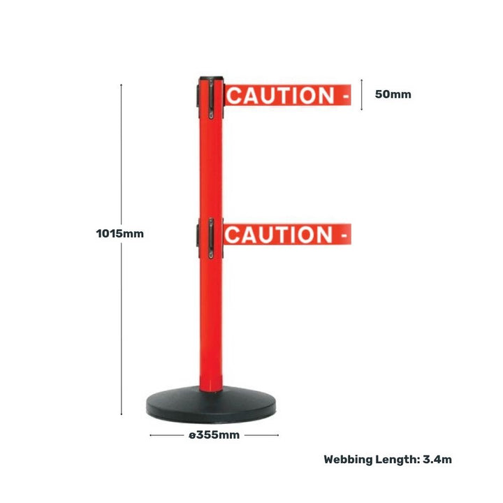 Red retractable barrier with "Caution - Do Not Enter" belts, displayed with measurements showing height, base diameter, and webbing length.