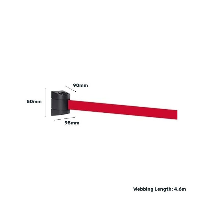 Diagram displaying dimensions of a red retractable wall barrier with 4.6-metre webbing and 50mm width.