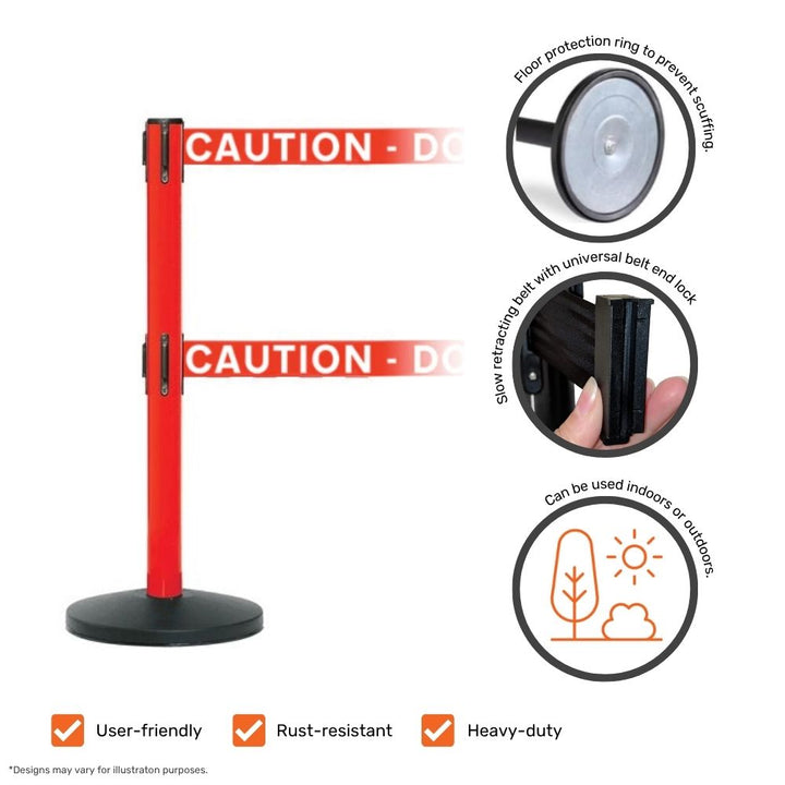 Close-up of a red retractable barrier showing its "Caution - Do Not Enter" belts and product features including universal belt lock and heavy-duty design.