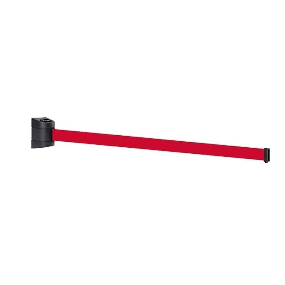 Red retractable wall barrier extended with a black mounting unit, shown on a plain white background.