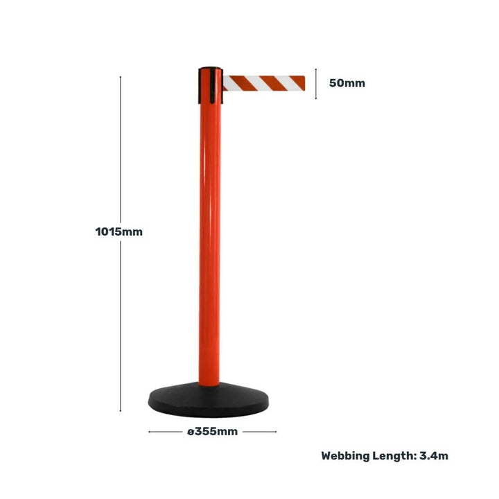 Red retractable barrier post with white striped webbing displayed with dimensions for height, belt width, base diameter, and webbing length.