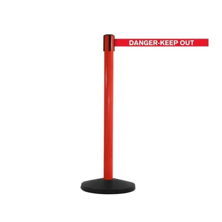 Single red retractable barrier post featuring “Danger – Keep Out” webbing on a plain white background.