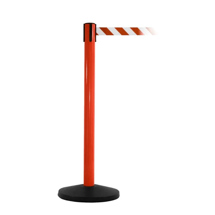 Single red retractable barrier post with white striped webbing on a plain white background.