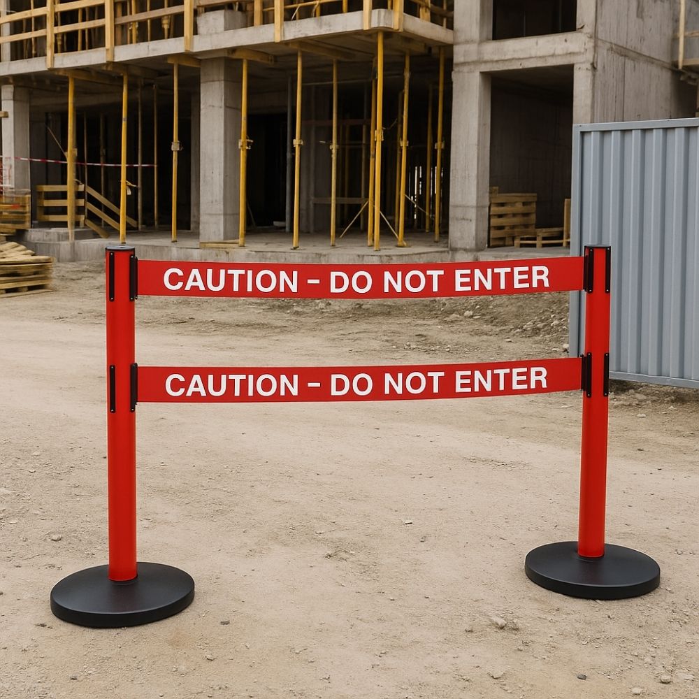 Red retractable barrier with two belts displaying "Caution - Do Not Enter," placed on a dirt pathway in front of an active construction site.