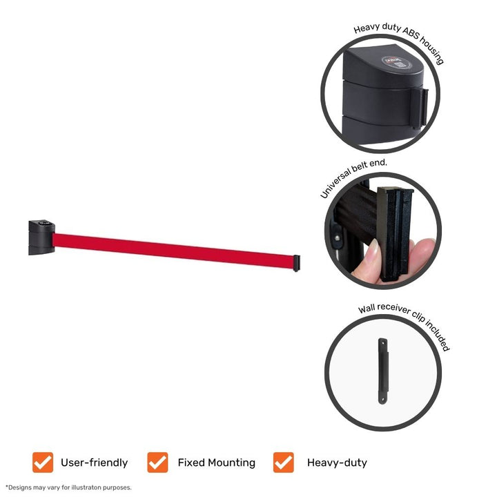 Red retractable barrier with highlighted features including heavy-duty ABS housing, universal belt end, and wall receiver clip.