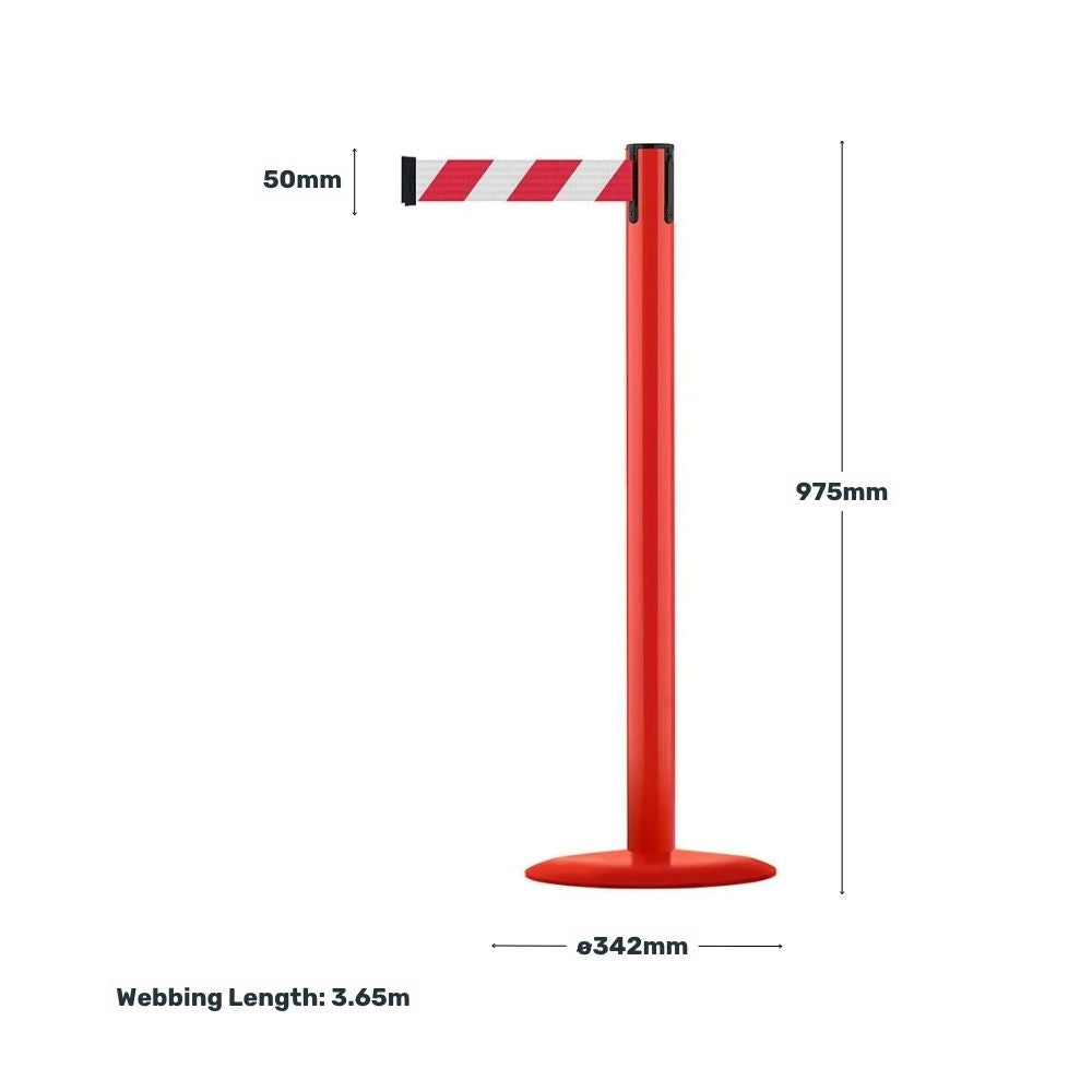 Technical diagram of a red barrier post with red-and-white webbing, featuring 975mm post height, 342mm base diameter, 50mm webbing width and 3.65 metre webbing length.